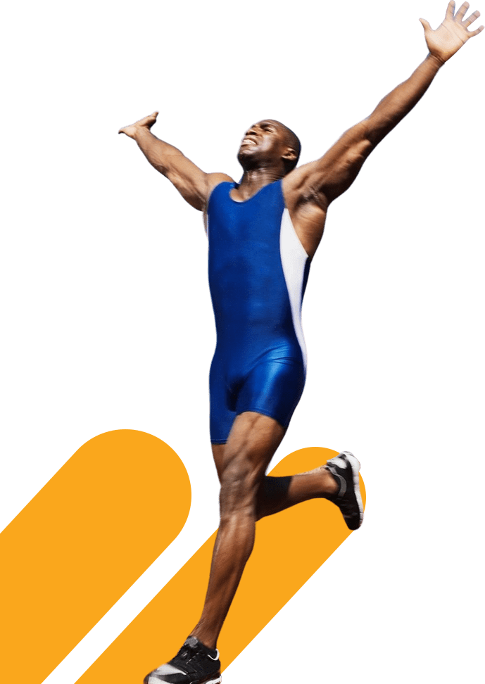A man in blue and white leotard jumping up.